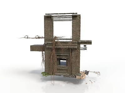 Modern Industrial Brick Construction With Overgrown Vines Weathered Frame And Scattered Debris 3d model
