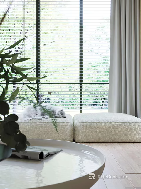 Bright Living Room With Window Blinds Greenery Outside White Cat And Light-Colored Ottomans 3d model