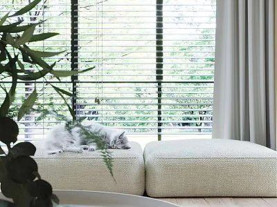 Bright Living Room With Window Blinds Greenery Outside White Cat And Light-Colored Ottomans 3d model