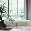 Bright Living Room With Window Blinds Greenery Outside White Cat And Light-Colored Ottomans 3d model