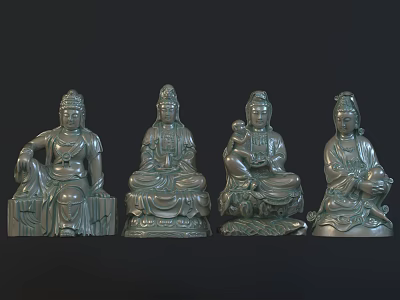 Traditional Sculpture Carving Of Four Seated Figures With Different Poses And Intricate Details 3d model