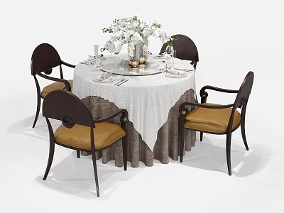 Dining Chairs With Dark Wooden Frame Carved Backrest Brown Padded Seats In Elegant Dining Setting 3d model