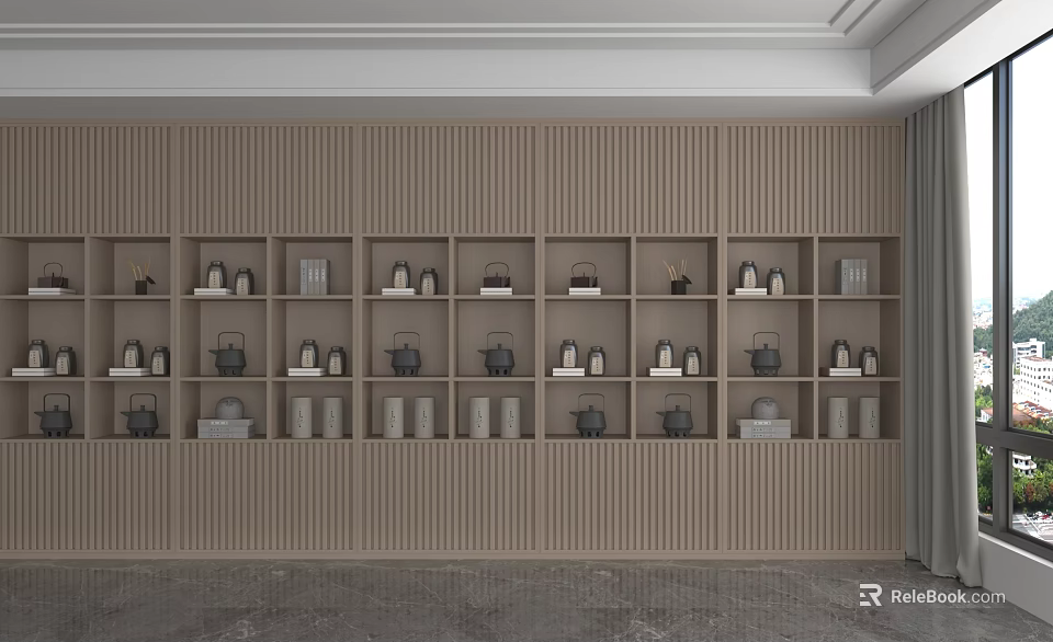 Modern Wooden Wall Shelf Unit With Multiple Compartments Neatly Displaying Teapots And Books 3d model 