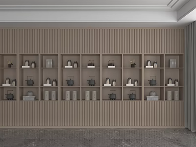 Modern Wooden Wall Shelf Unit With Multiple Compartments Neatly Displaying Teapots And Books 3d model