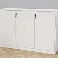White Storage Cabinet With Three Doors And Gold Handles On Wooden Floor Against Gray Wall
