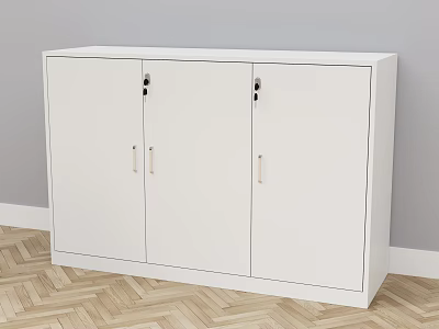 White Storage Cabinet With Three Doors And Gold Handles On Wooden Floor Against Gray Wall 3d model