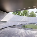 Modern Garden Landscape With Circular Corridor Trees Lawn Natural Light And Pebble Path
