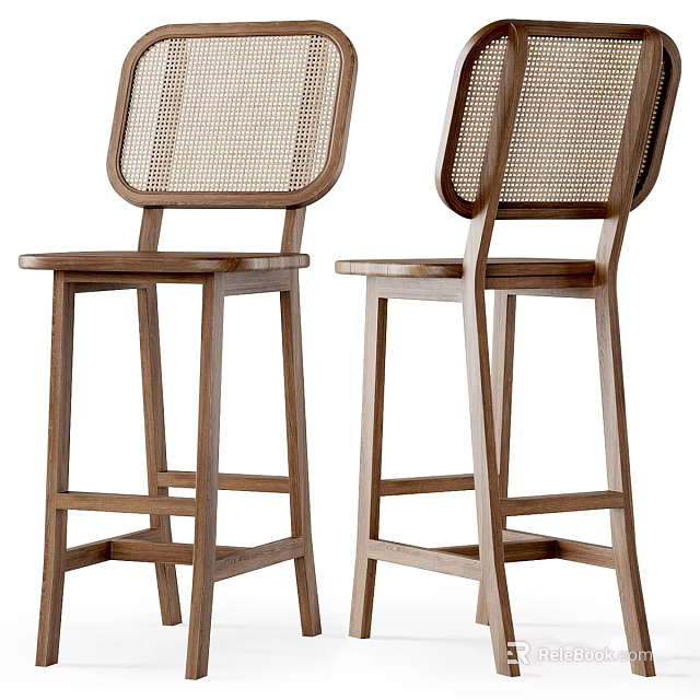 Modern Wooden Bar Stools With Rattan Backrest Design For Home Interior 3d model 