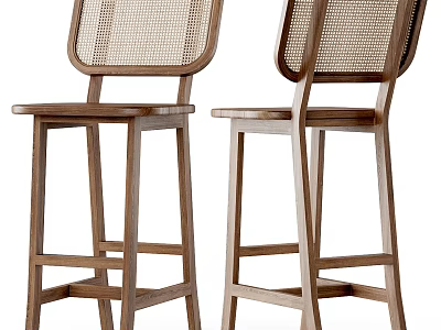 Modern Wooden Bar Stools With Rattan Backrest Design For Home Interior 3d model