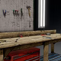 Wooden Functional Workbench With Tools Pegboard Drawer Cabinet And Overhead Light 3d model