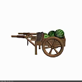 Rustic Wooden Cart Loaded with Fresh Green Watermelons and Wooden Wheels Structure