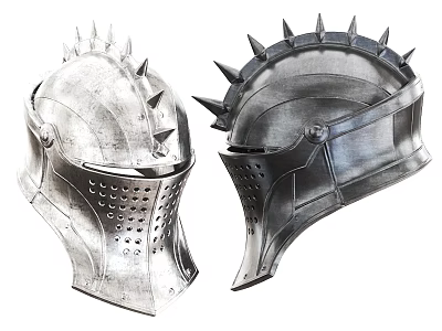 Two Medieval Spiked Metal Hats With Perforated Face Guards And Decorative Spikes 3d model