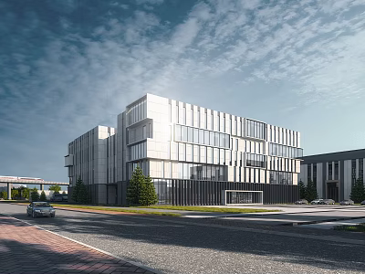 Modern Office Building With Glass Curtain Walls Metal Frames Surrounding Trees Road And Blue Sky 3d model
