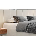 Modern Double Bed With Upholstered Headboard Gray Striped Bedding And Wooden Nightstands