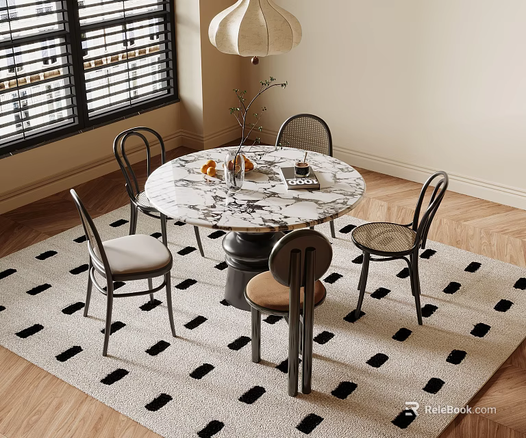 Round Marble Dining Table Set With Four Chairs And Decorative Items On Black White Rug 3d model 