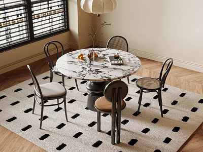 Round Marble Dining Table Set With Four Chairs And Decorative Items On Black White Rug 3d model