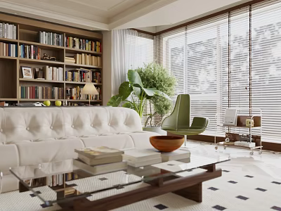Modern Glass Top Wooden Coffee Table With Stacked Books In Sunlit Cozy Contemporary Living Room 3d model