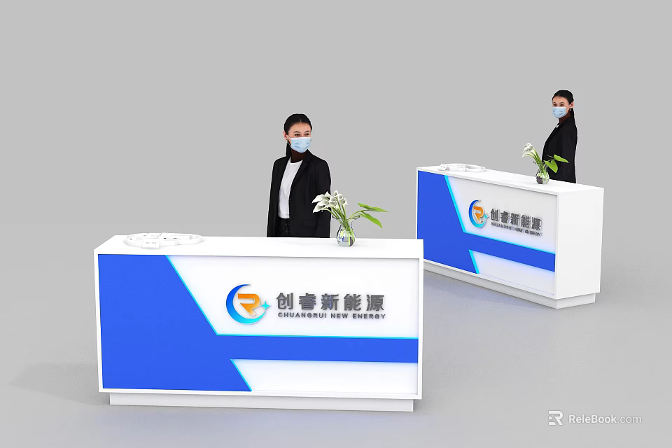 Modern Blue and White Reception Desk with Company Logo Staff and Decorative Plant 3d model 