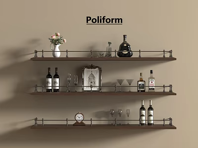 Three Tier Modern Wine Rack With Wooden Shelves Wine Bottles Glasses And Decorative Items 3d model