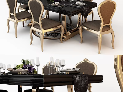 Elegant Dining Table Set With Black Top Gold Legs And Upholstered Chairs 3d model