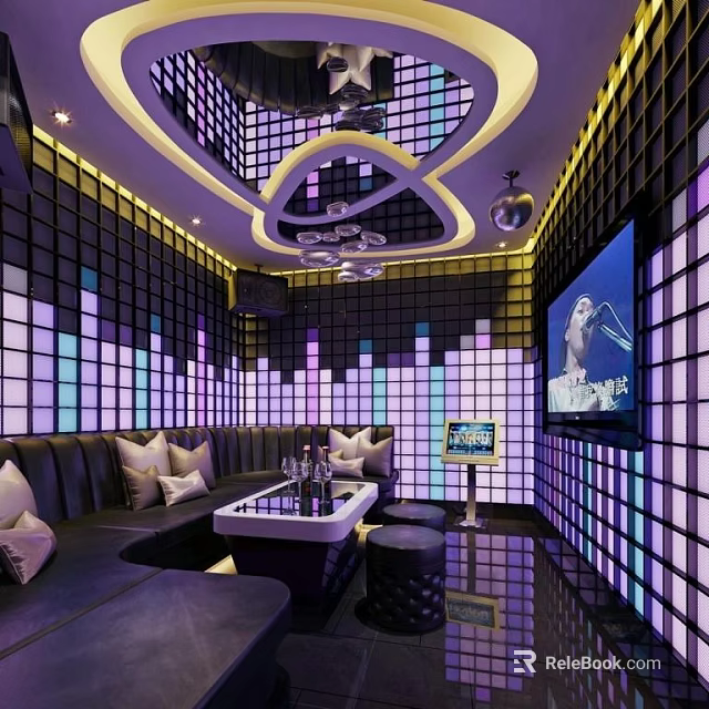 Modern KTV Room Interior With Colorful Lighting Sofa TV Screen And Ambience 3d model 