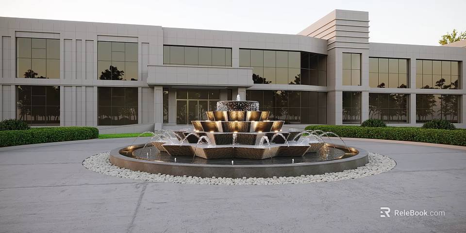 Multi Tiered Water Fountain In Front Of Modern Building With Glass Windows And Green Shrubs 3d model 
