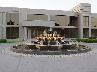 Multi Tiered Water Fountain In Front Of Modern Building With Glass Windows And Green Shrubs 3d model