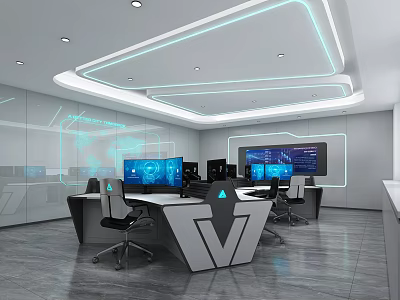 Modern Public Office Area Layout With Work Desks Multiple Monitors And Ergonomic Chairs 3d model