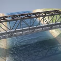 Steel Railway Bridge Structure Spanning Water With Concrete Piers And Rail Tracks