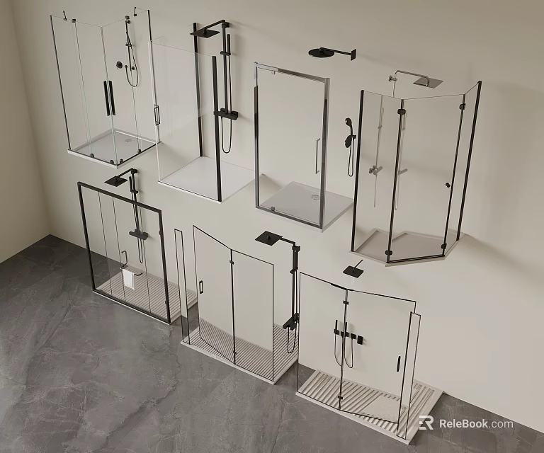 Various Modern Glass Shower Enclosures With Different Designs And Fixtures For Bathroom 3d model 