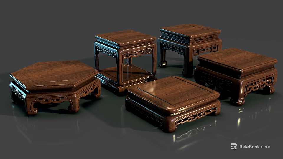 Traditional Wooden Pedestals With Intricate Carved Patterns And Various Shapes 3d model 