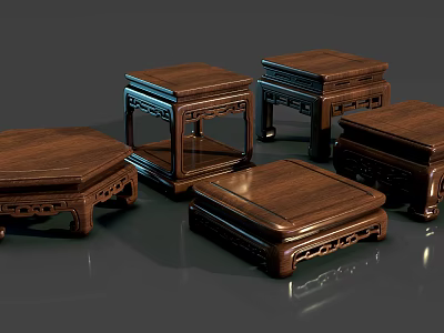 Traditional Wooden Pedestals With Intricate Carved Patterns And Various Shapes 3d model
