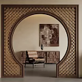 Chinese Wooden Archway With Intricate Carved Patterns Framing Elegant Interior With Armchair And Painting