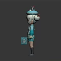 Cute Cartoon 3D Game Character With Pink Hair Blue Hat Diamond Pattern Outfit And Staff