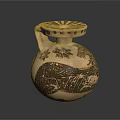 Handcrafted Ceramic Jar With Handle And Floral Animal Carvings On Brown Surface