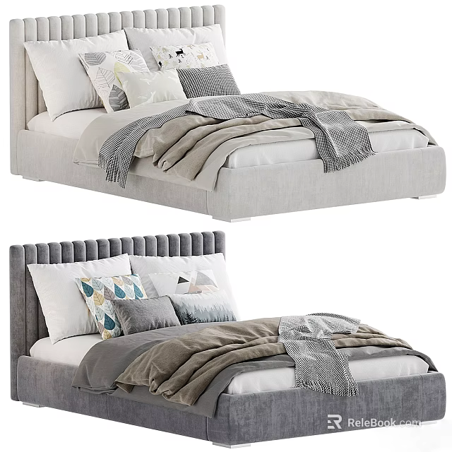 Modern Double Bed Design With Upholstered Headboard Multiple Pillows And Layered Comforter 3d model 