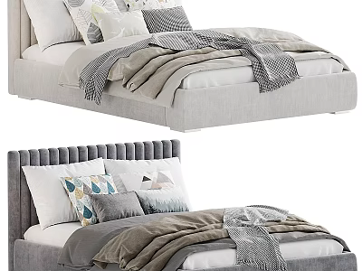 Modern Double Bed Design With Upholstered Headboard Multiple Pillows And Layered Comforter 3d model