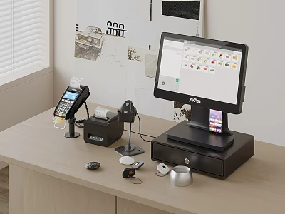 Modern Retail Checkout Counter With POS Tablet Cash Drawer And Accessories 3d model