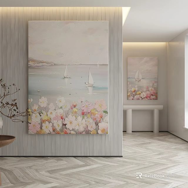 Abstract Painting With Seascape Sailboats And Floral Design On Vertical Striped Wall 3d model 