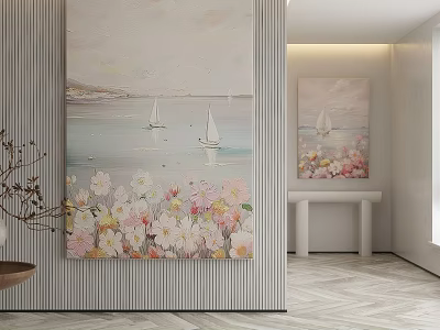 Abstract Painting With Seascape Sailboats And Floral Design On Vertical Striped Wall 3d model