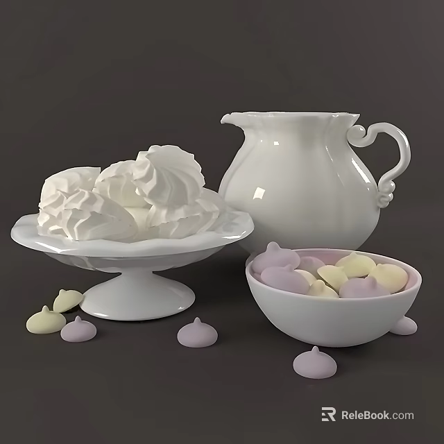 Fluffy White Meringue On Pedestal Plate With White Pitcher And Bowl Of Colorful Mallow Candies 3d model 