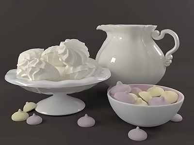 Fluffy White Meringue On Pedestal Plate With White Pitcher And Bowl Of Colorful Mallow Candies 3d model