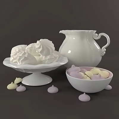 Fluffy White Meringue On Pedestal Plate With White Pitcher And Bowl Of Colorful Mallow Candies 3d model