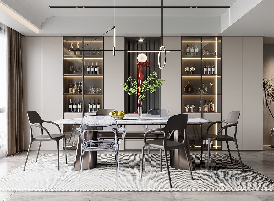 Elegant Modern Restaurant Interior With Marble Dining Table Metal Chairs And Glass Wine Cabinets 3d model 