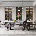Elegant Modern Restaurant Interior With Marble Dining Table Metal Chairs And Glass Wine Cabinets