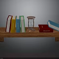 Wooden Tabletop Shelf Display with Colorful Books Hourglass and Red Box