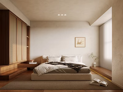 Minimalist Bedroom With Wooden Wardrobe Bedside Table Decorative Painting Near Window On Soft Rug 3d model