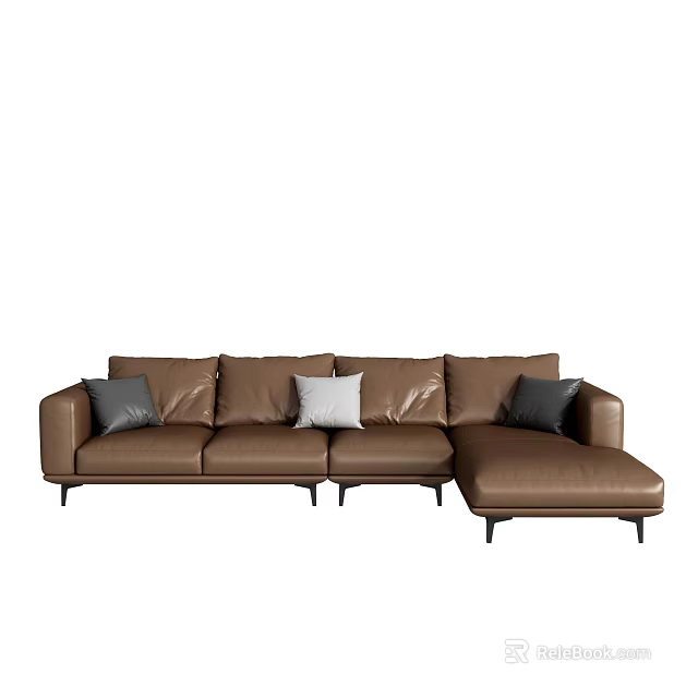Brown Leather Multi Seater Sectional Sofa With Grey And White Cushions 3d model