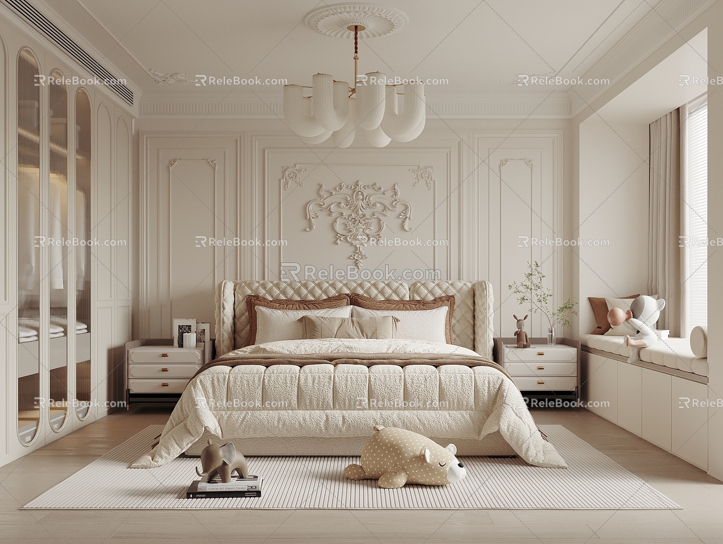 French Cream Style Bedroom Double Bed Wardrobe Chandelier Bay Window Cabinet 3d model