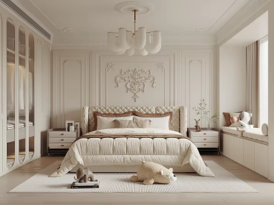 Modern Luxury Bedroom Interior With Upholstered Headboard Carved Wall Chandelier Rug And Plush Toys 3d model